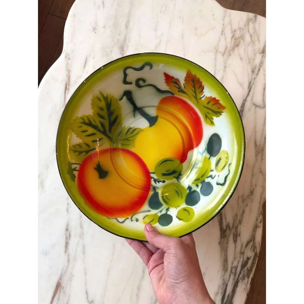 Vintage Mid Century Enamelware Bowl Fall Decor Pumpkin Tomato 12